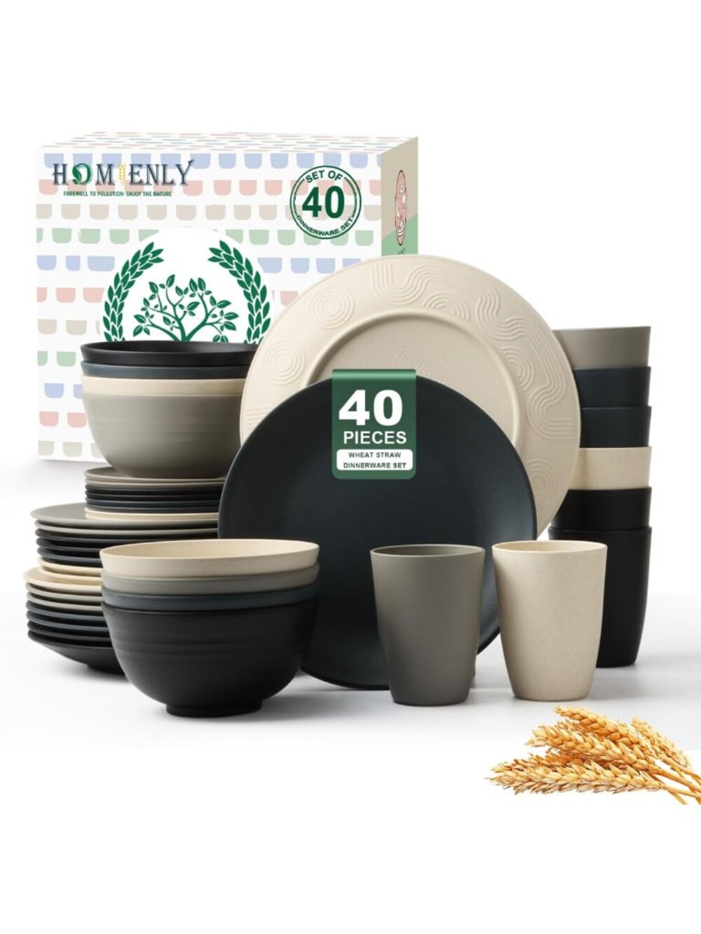 40-Piece Wheat Straw Dinnerware Set - Unbreakable Plates, Bowls & Cups